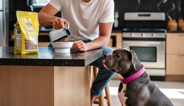 what to feed your pet dog, image of a man measuring his pet dogs feed while it sits beside it