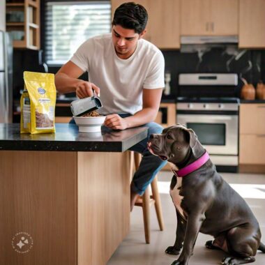 what to feed your pet dog, image of a man measuring his pet dogs feed while it sits beside it