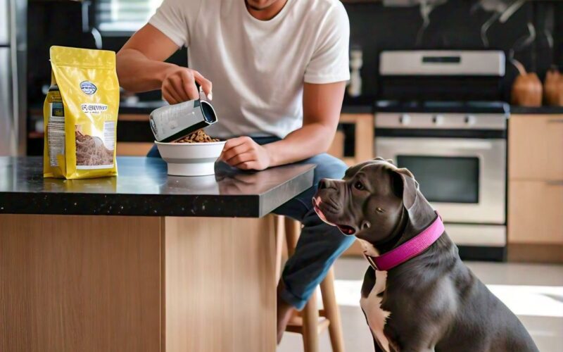 what to feed your pet dog, image of a man measuring his pet dogs feed while it sits beside it