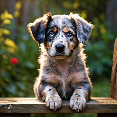 an image of a dog with merle genes leaning on a wood; what makes a dog merle.