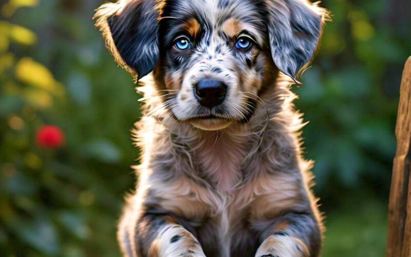 an image of a dog with merle genes leaning on a wood; what makes a dog merle.