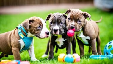 image of 3 puppies socializing in a field; how to introduce pitbull puppies