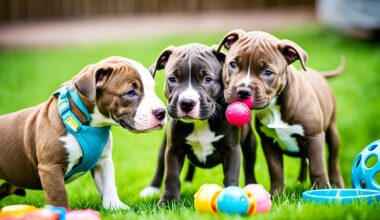 image of 3 puppies socializing in a field; how to introduce pitbull puppies