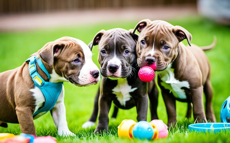 image of 3 puppies socializing in a field; how to introduce pitbull puppies