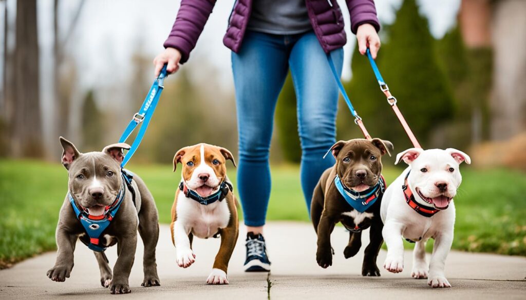 image of pit bull puppies on a controlled walk with their owner; one way to introduce pitbull puppies.