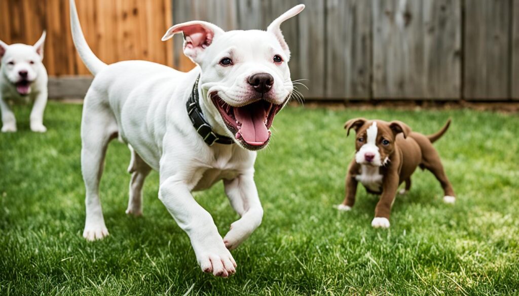 image of two pitbull puppies meeting and playing with each other in an open space.