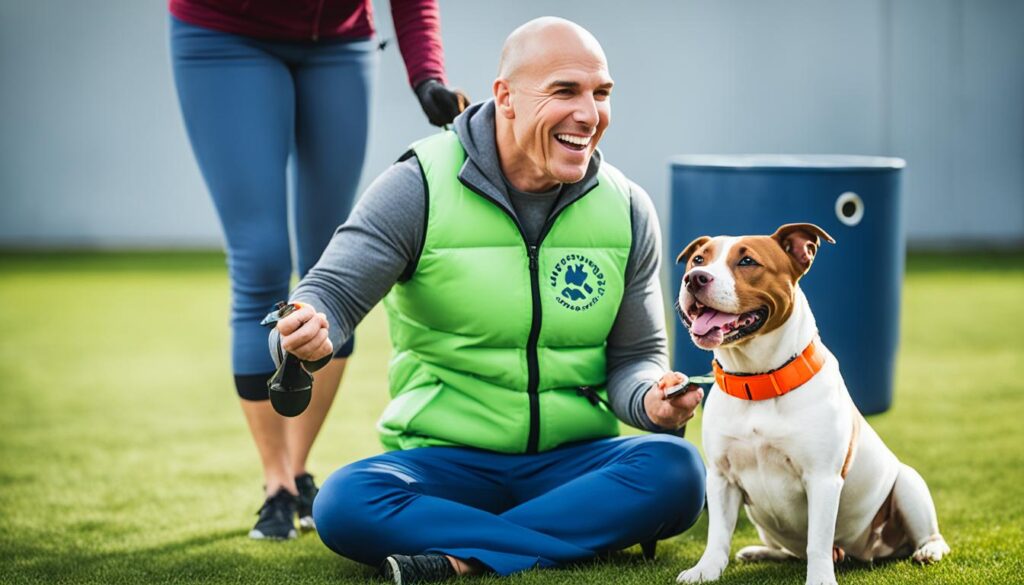 a trainer rewarding a pitbull and making trianing fun for the dog; a good way to train your pitbull