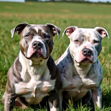 image of two pitbulls with merle genes and merle pattern