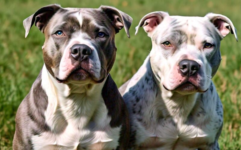 image of two pitbulls with merle genes and merle pattern