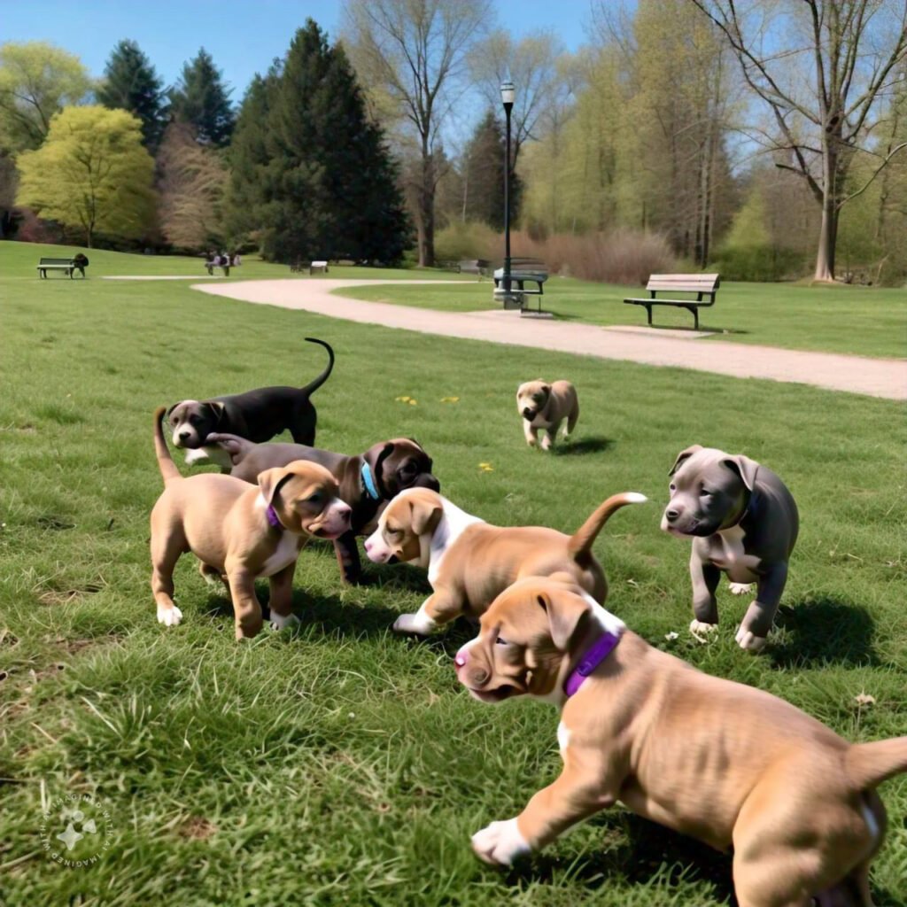 image of pitbull puppies on a field; how to introduce pitbull puppies.