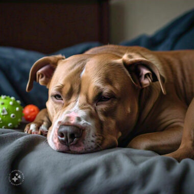 image of a pregnant pitbull, lying on a sofa