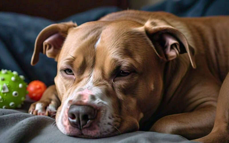 image of a pregnant pitbull, lying on a sofa