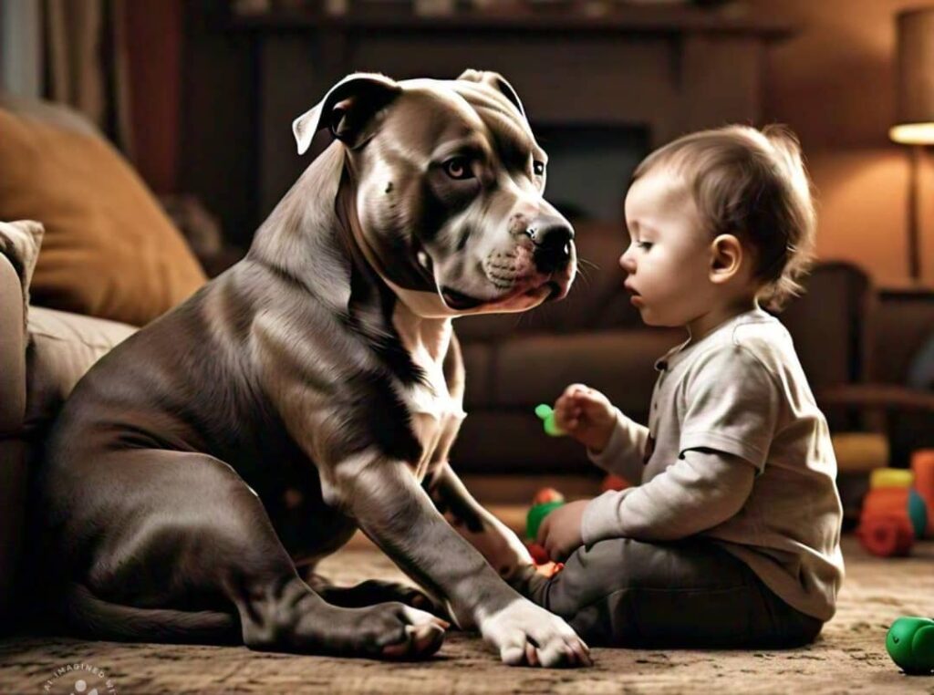 a child with a pitbull