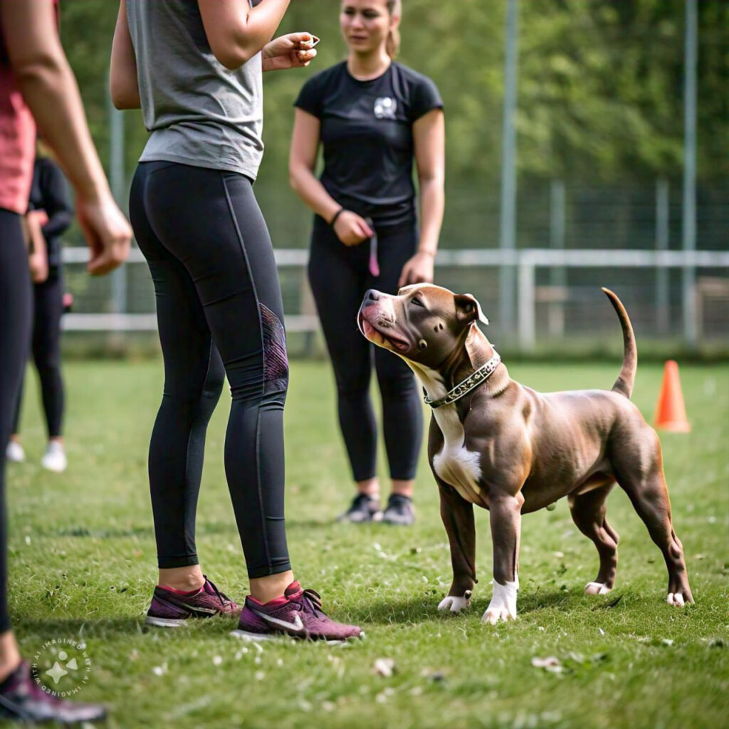 pit bull with trainer during training and socialization; how to train a pitbull.
