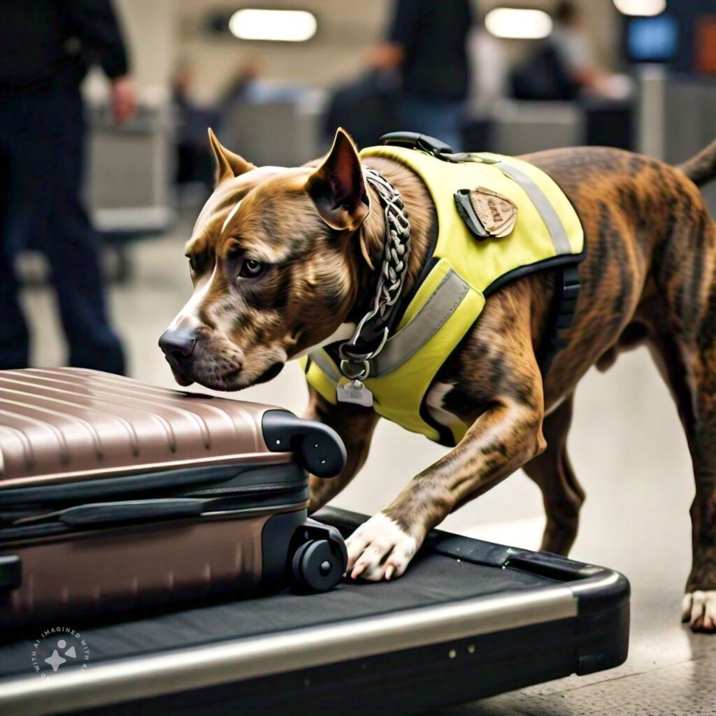 image of american pitbull with good sense of smell, being an airport dog. 